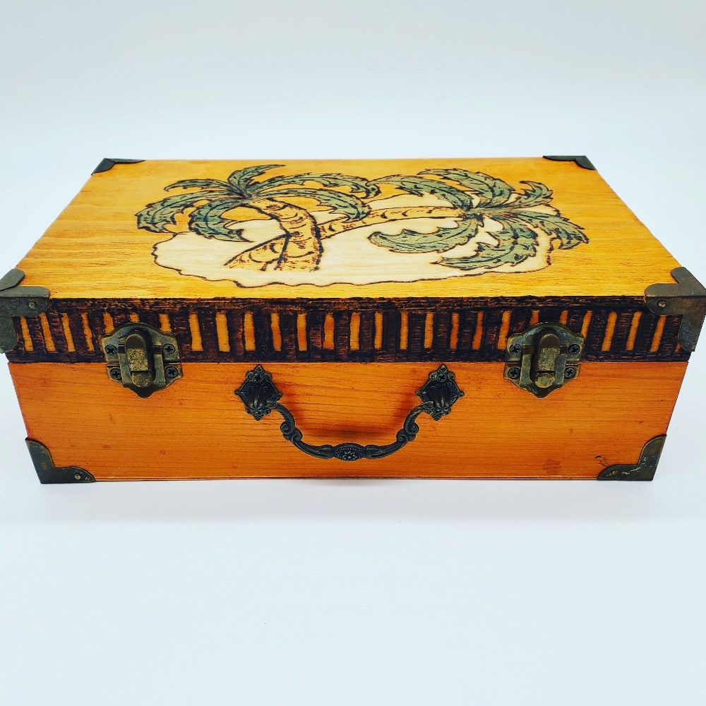 Hand etched wooden stash box - palm trees